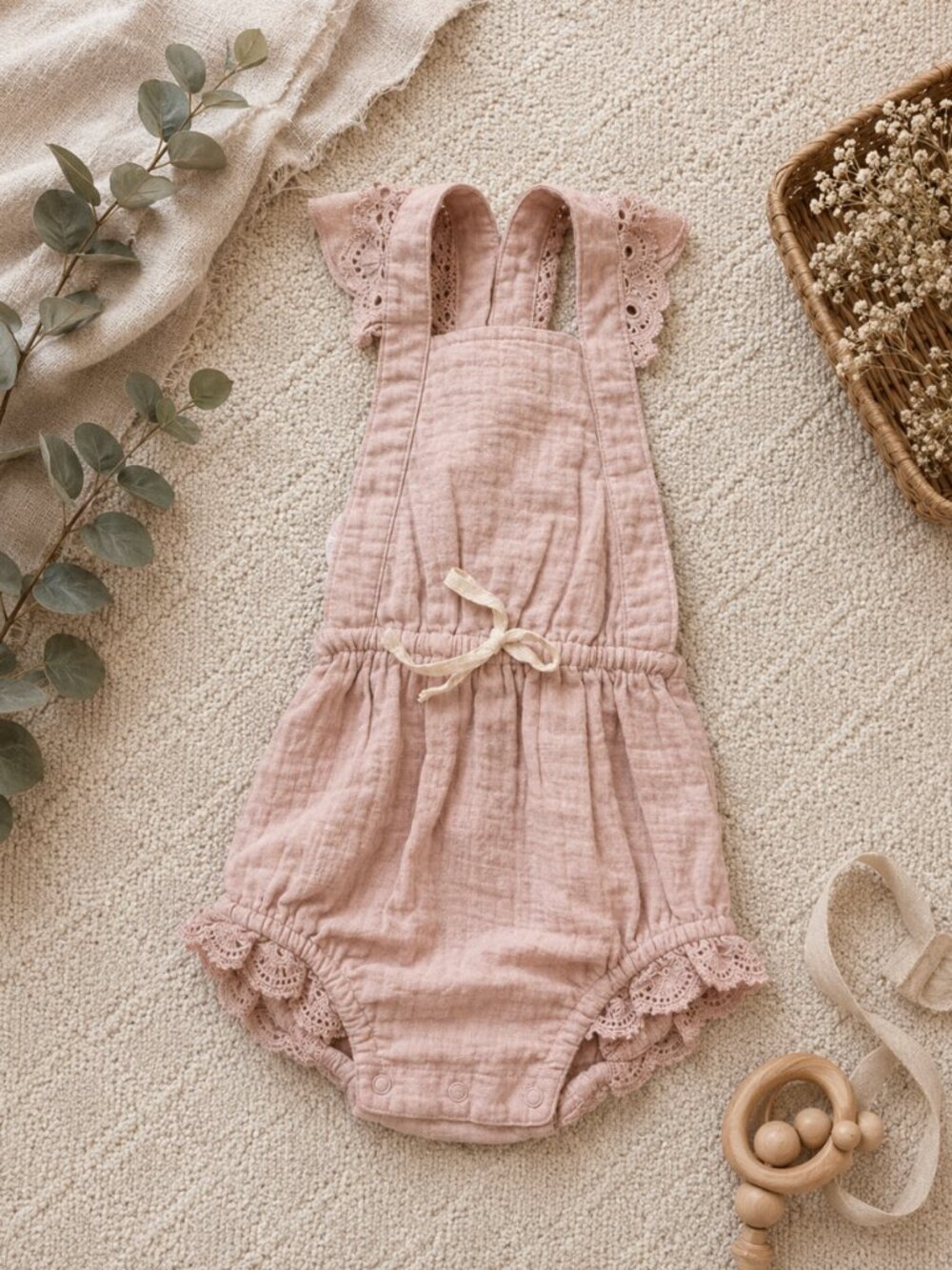 Jamie Kay Dusty Pink Lace-Trim Muslin Romper - NWT